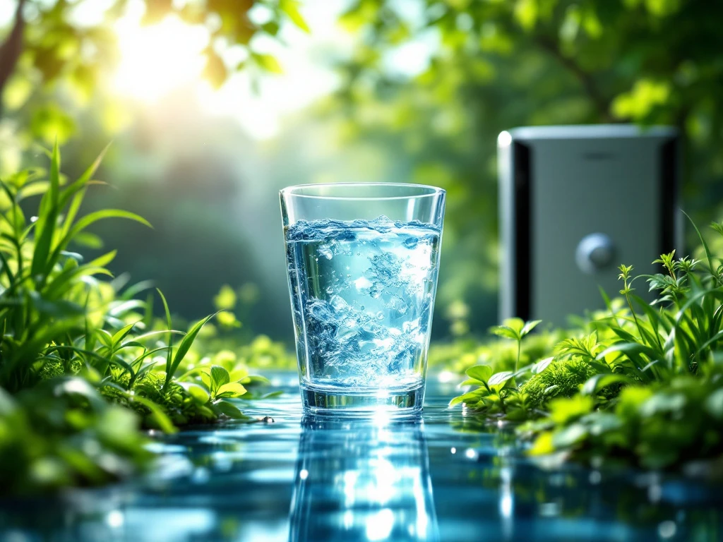 Een glas zuiver water staat te midden van weelderige natuur, met een moderne waterzuiveringsinstallatie subtiel op de achtergrond.