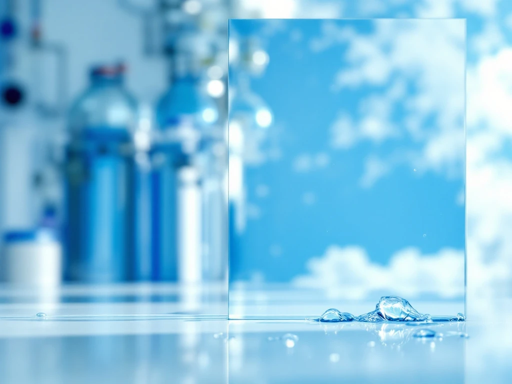 Een helder glazen paneel weerspiegelt een blauwe lucht, symboliserend Hijman's glasreiniging met osmosewater; technologie op de achtergrond.