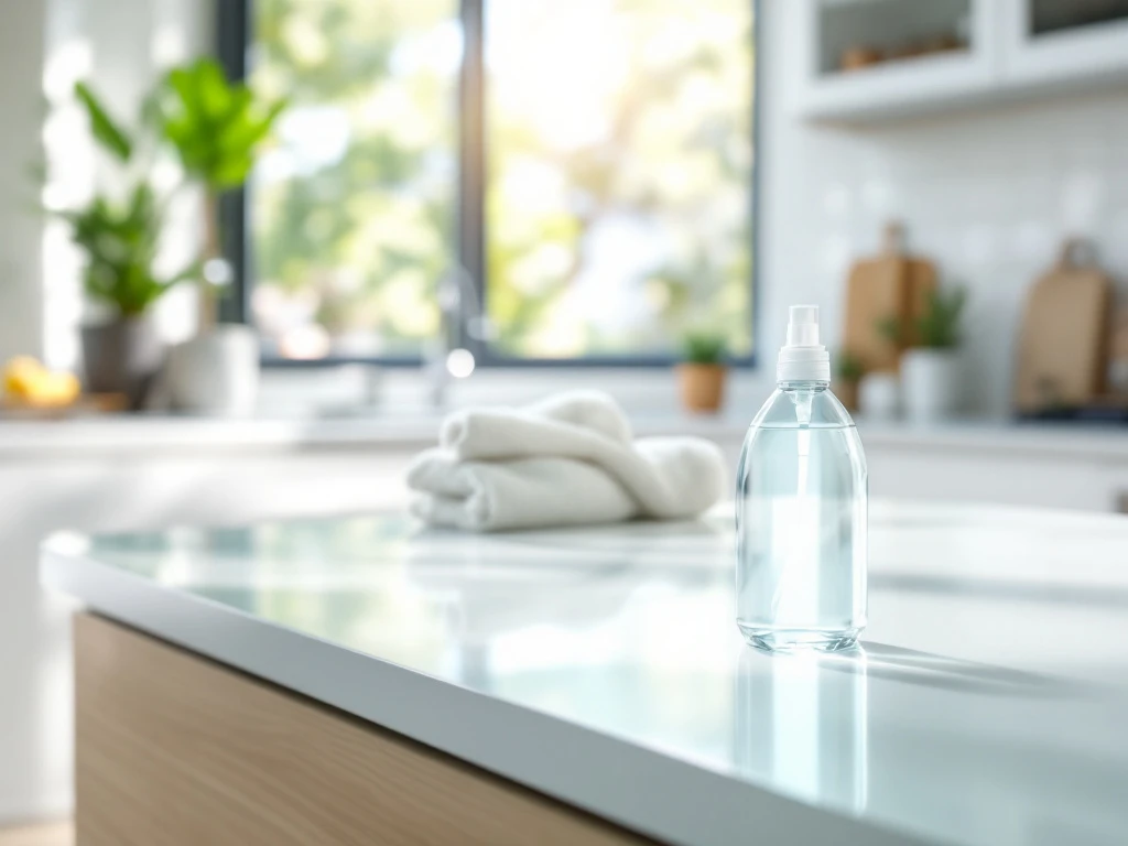 Een schone, moderne keuken met natuurlijk licht, tonen een milieuvriendelijke sprayfles en een plant, in een frisse, neutrale kleurenschema.