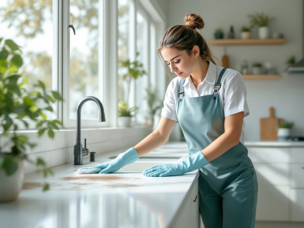 Een professionele schoonmaker verwijdert schimmel in een moderne keuken, benadrukt milieuvriendelijkheid en netheid.