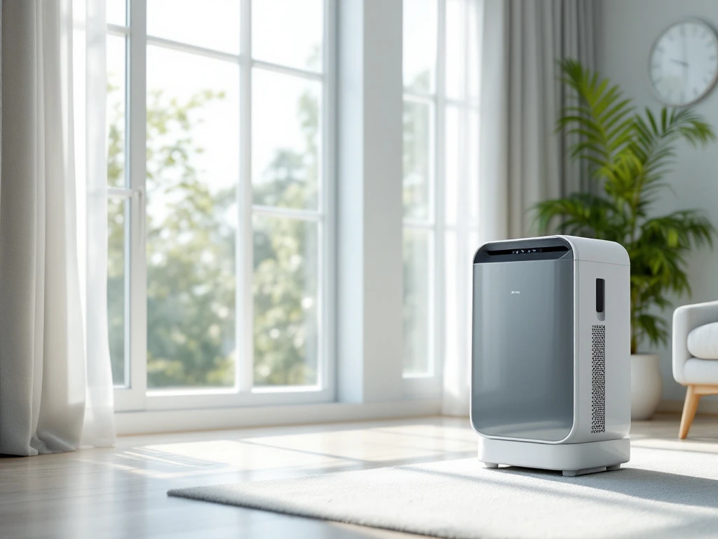 Een moderne, schone woonkamer met veel natuurlijk licht en een stijlvolle ontvochtiger, benadrukt ventilatie en vochtcontrole.