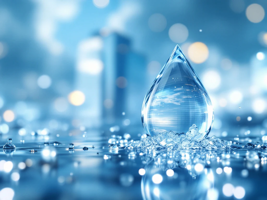 Een modern hoog gebouw in blauw en zilver, omgeven door een heldere waterdruppel die zuiverheid en geavanceerde technologie symboliseert.