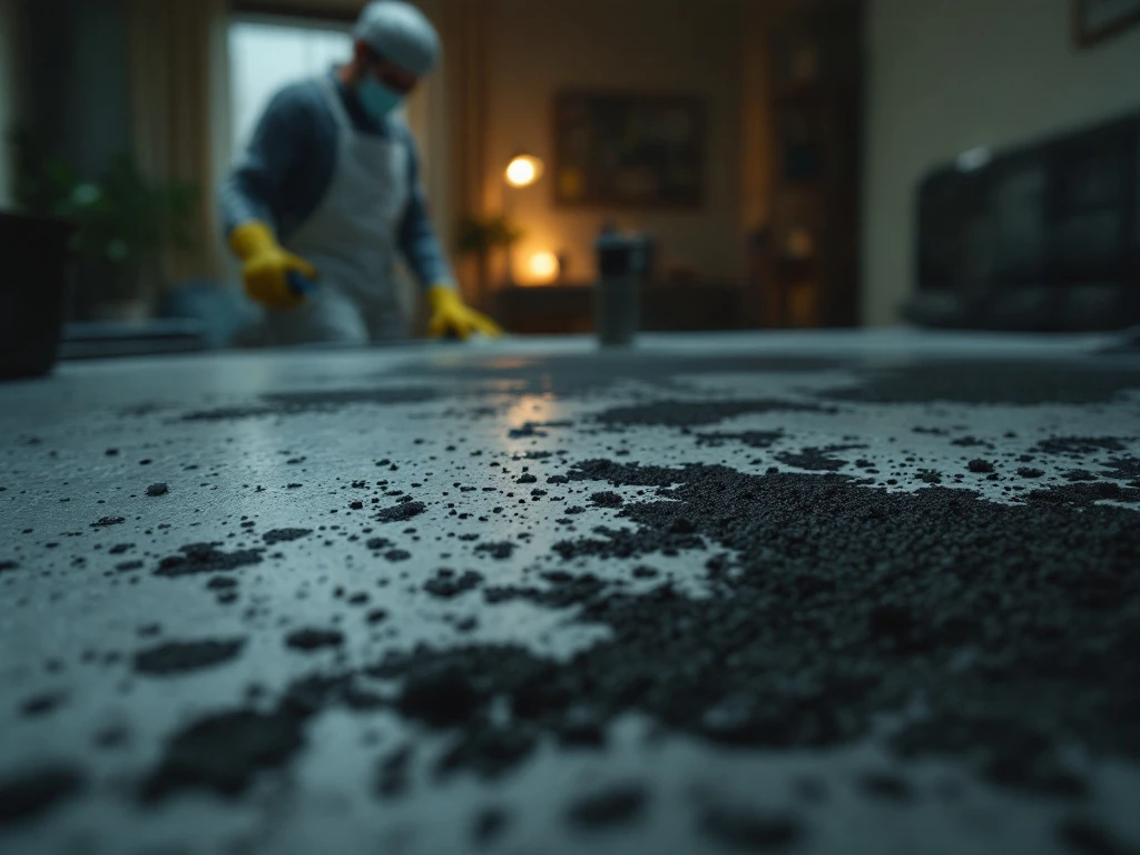Close-up van zwarte schimmel op een oppervlak, professionele schoonmaker op de achtergrond, benadrukt ernst en noodzaak van interventie.