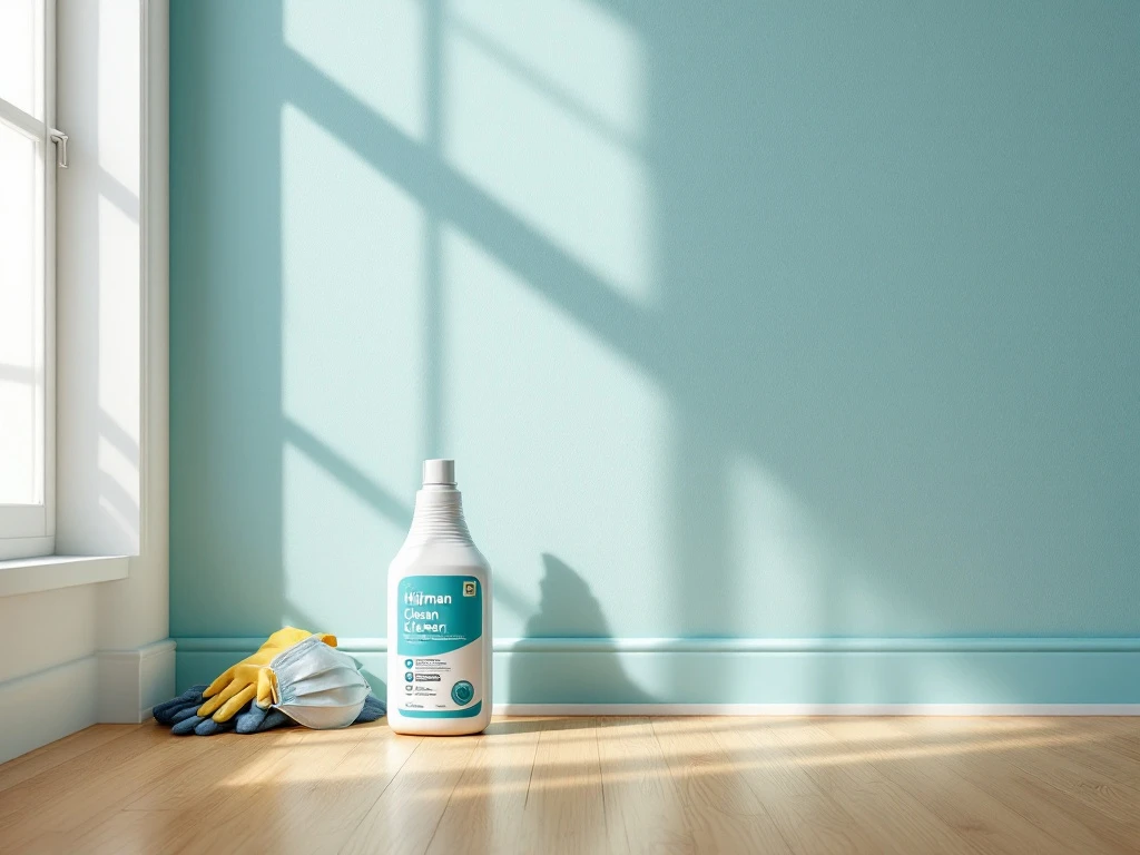 Een moderne fles schimmelreiniger op een houten vloer, omringd door beschermende handschoenen en masker, in warme, natuurlijke belichting.
