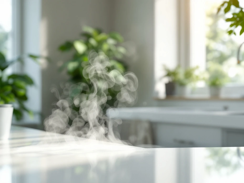 Een moderne, schone keuken met glanzende oppervlakken, planten en natuurlijk licht. Symbool voor eco-vriendelijk schoonmaken.
