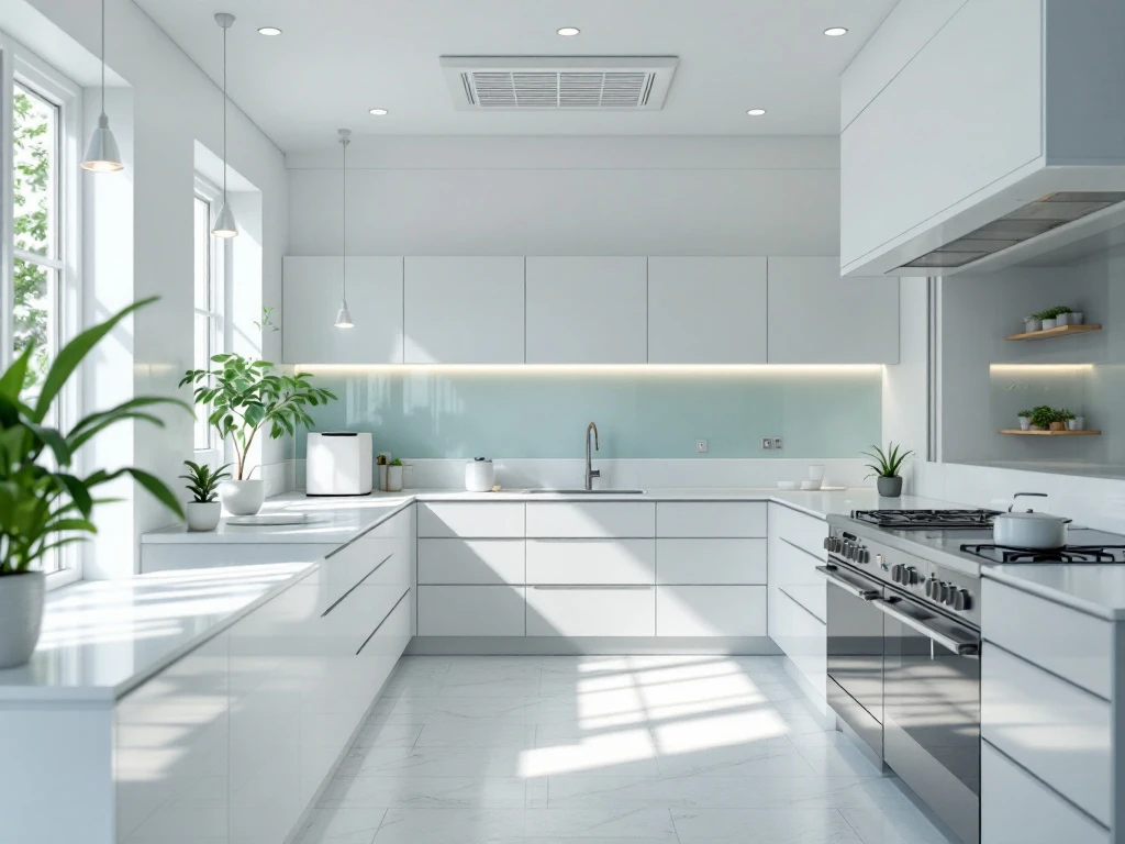 Een moderne, schone keuken met strakke oppervlakken, natuurlijke verlichting en symbolen voor schimmelpreventie, zoals een ontvochtiger. Een moderne, schone keuken met glimmende apparaten, natuurlijke verlichting en symbolen voor vochtbeheersing, in frisse kleuren.