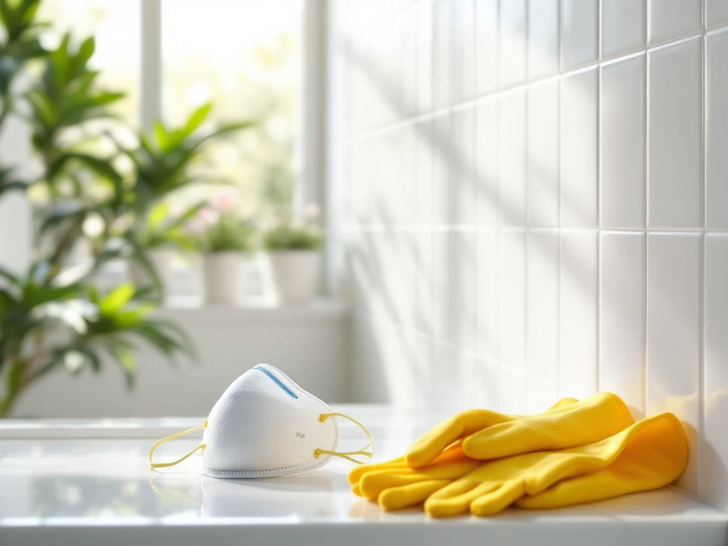 Een schone badkamer met witte tegels, natuurlijke lichtinval, gele handschoenen en een masker, en groene planten voor een frisse uitstraling.