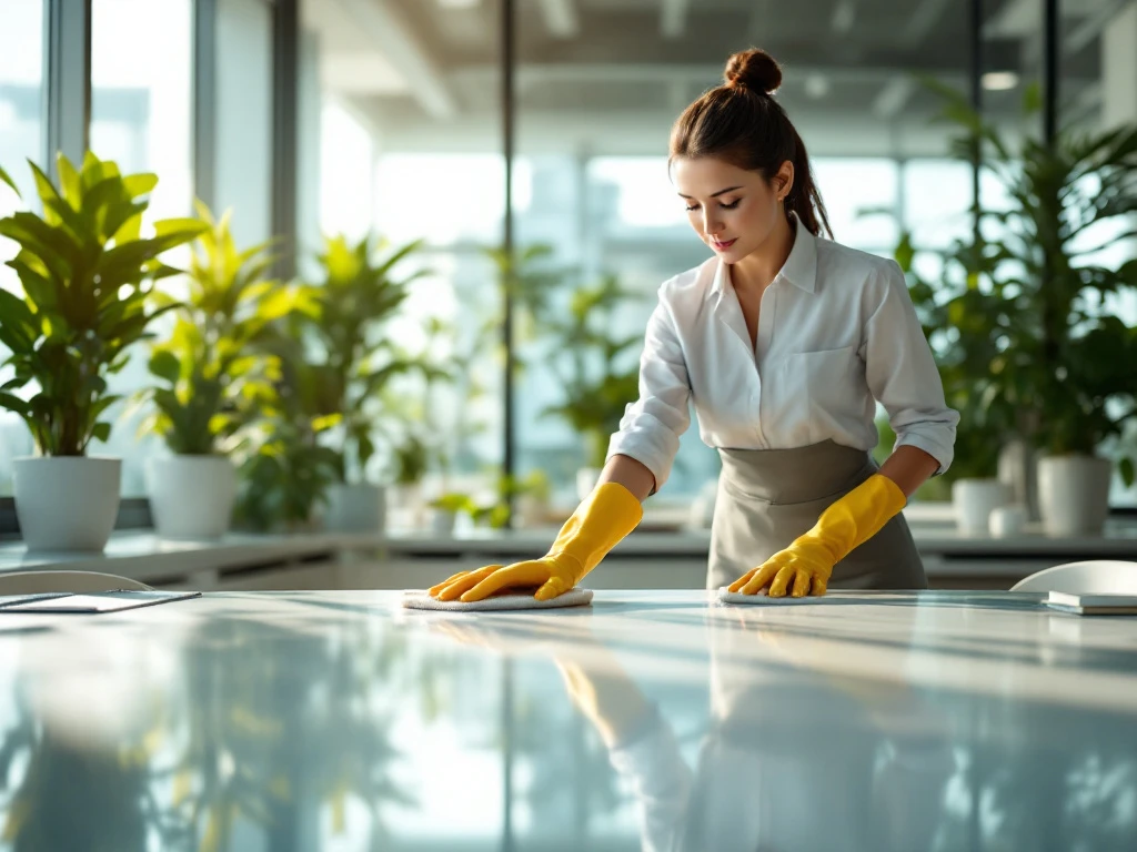 Een moderne, schone kantoorruimte met een schoonmaker in uniform, veel groene planten en zonlicht dat een frisse sfeer benadrukt.