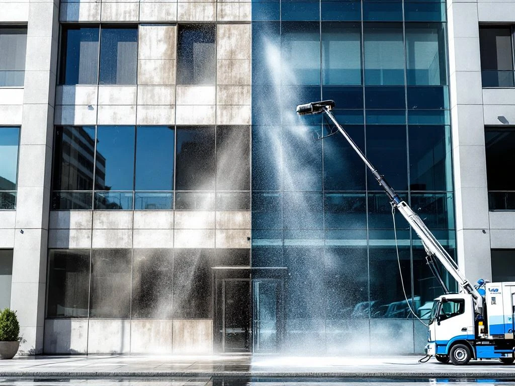 Professionele reiniging van kantoorgebouw toont dramatisch voor-en-na contrast tussen vuile en schone gevel