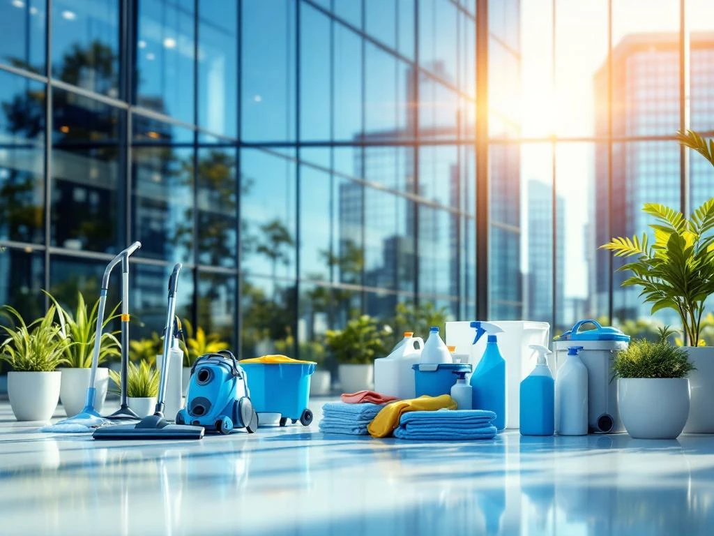 Modern kantoorgebouw met glazen gevel en professionele schoonmaakapparatuur in voorgrond, symboliseert zakelijk succes