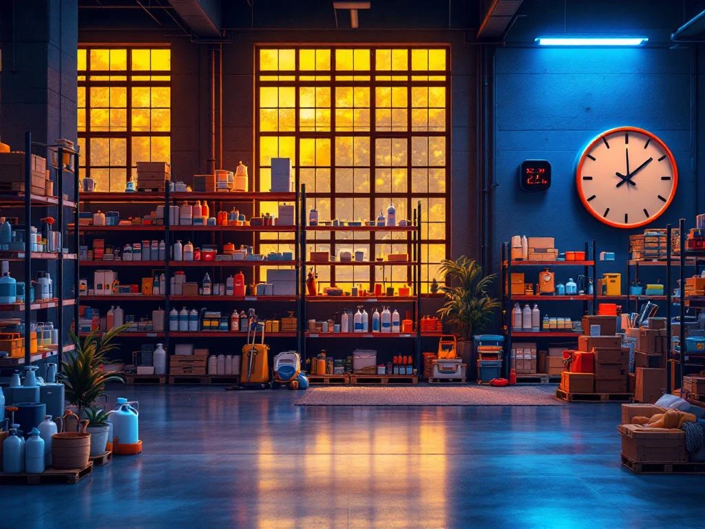 Moderne magazijn met professionele schoonmaakproducten op metalen stellingen, verlicht tijdens avonduren