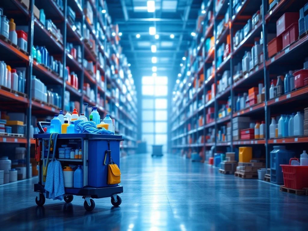commerciele-schoonmaak-groothandel-magazijn.jpg Professionele schoonmaakwagen met flessen en doeken in modern magazijn vol kleurrijke schoonmaakproducten