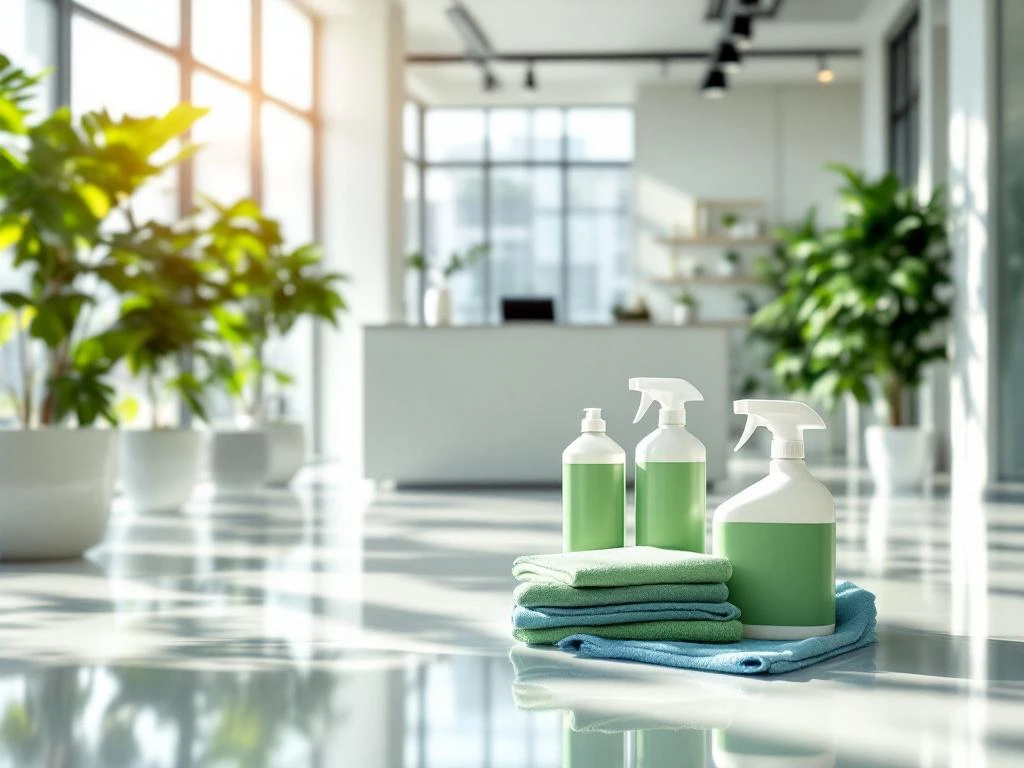 Moderne kantoor met eco-vriendelijke schoonmaakmiddelen op receptiebalie, groene planten en natuurlijk licht
