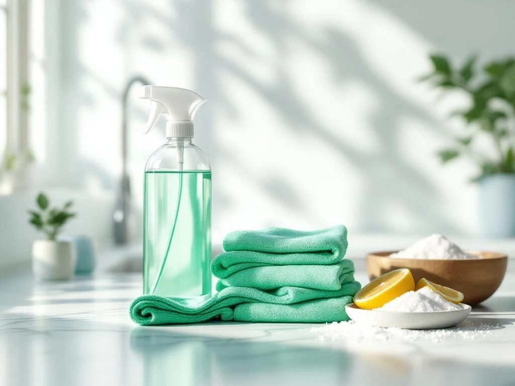 Moderne keuken met milieuvriendelijke schoonmaakmiddelen: glazen sprayflacon, groene microvezeldoeken, citroenen en zuiveringszout