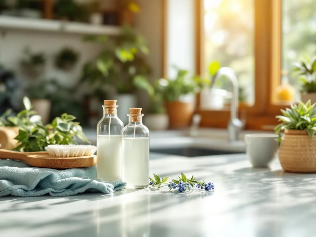 Moderne keuken met milieuvriendelijke schoonmaakproducten in glazen flessen, groene planten en houten borstels