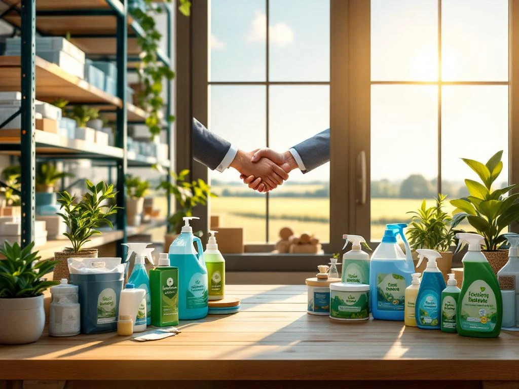 Moderne magazijn met milieuvriendelijke schoonmaakmiddelen op planken, handdruk silhouet en Nederlands landschap op achtergrond