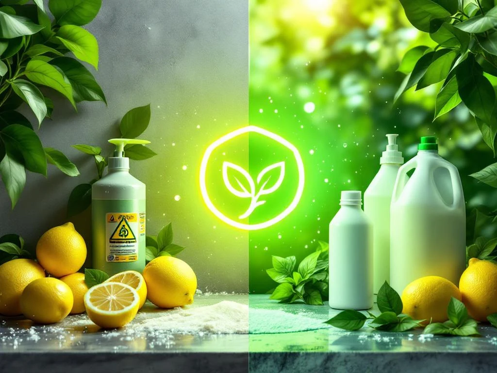 Splitscreen vergelijking van grijze chemische schoonmaakmiddelen versus levendige natuurlijke ingrediënten zoals citroenen en azijn met eco-certificering