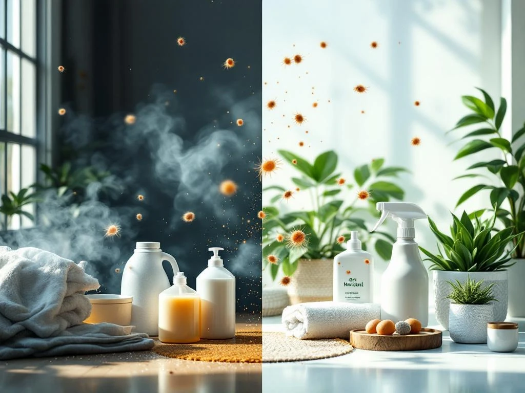 eco-schoonmaken-voor-na-vergelijking-gezond-huis.jpg Voor-en-na vergelijking: chemische schoonmaakmiddelen met giftige dampen links, natuurlijke eco-producten rechts