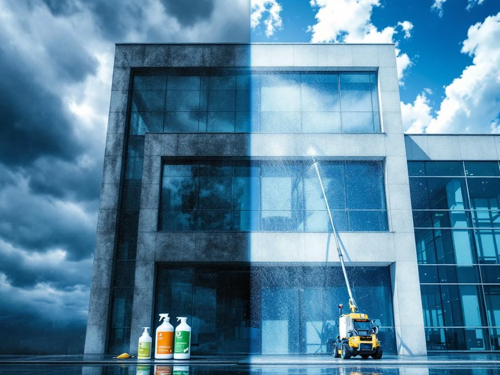 Gebouwgevel wordt professioneel gereinigd, voor-en-na vergelijking toont verschil tussen vuile en schone oppervlakken