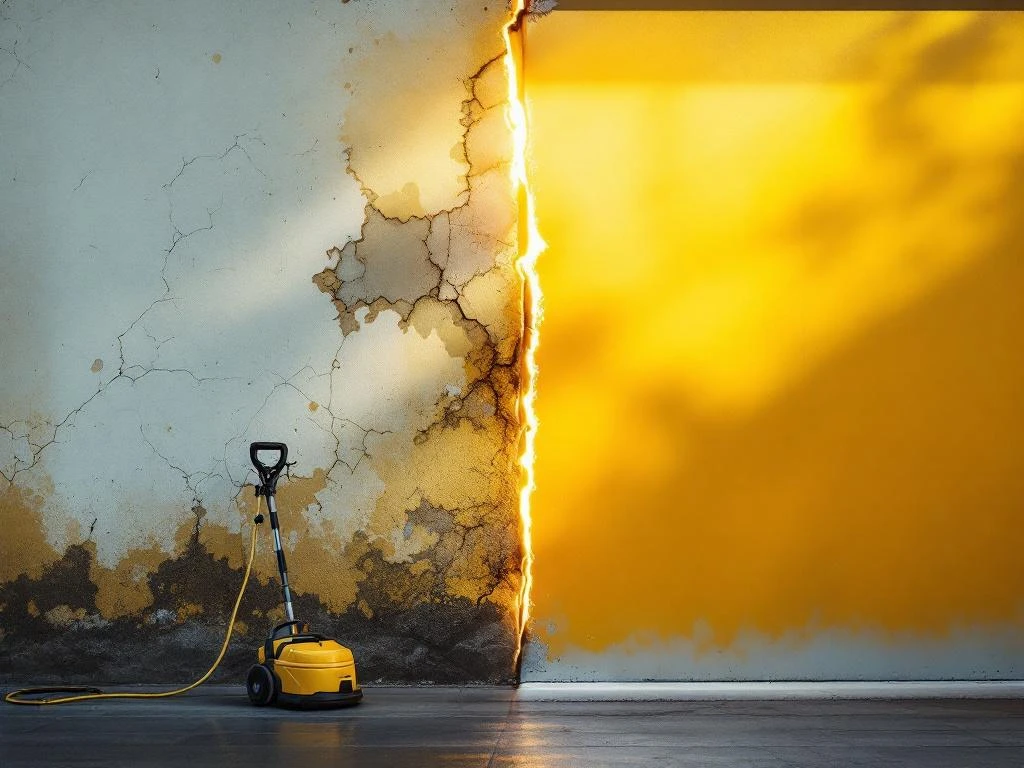 Gebouwgevel toont voor-en-na contrast van professionele gevelreiniging: links verweerd met schimmel, rechts schoon