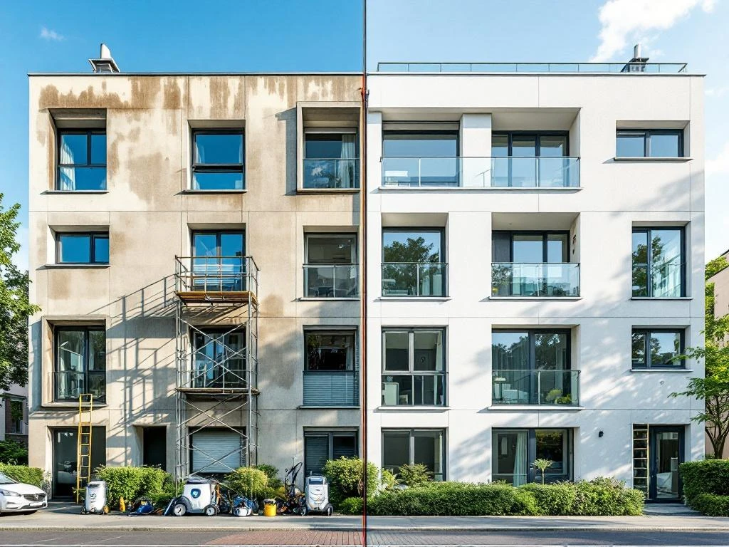 Moderne Nederlandse appartementengebouw voor en na professionele gevelreiniging met hogedrukreinigers en steiger