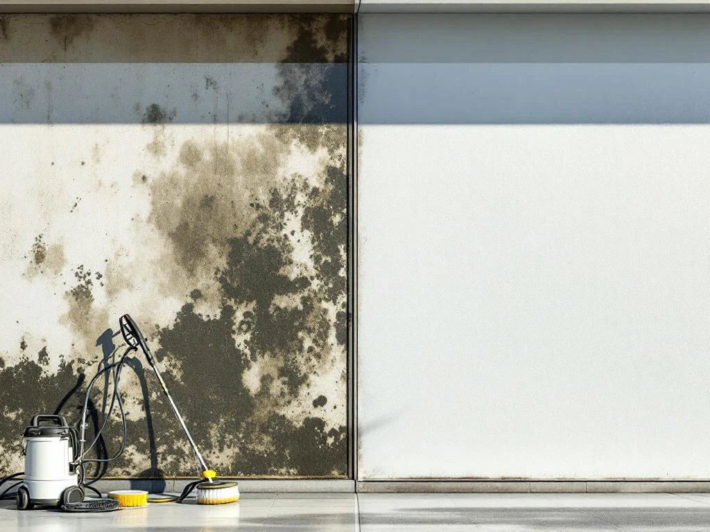 Gevelreiniging voor en na: vuile muur met algen en schimmel links, schone gevel rechts, professionele reinigingsapparatuur