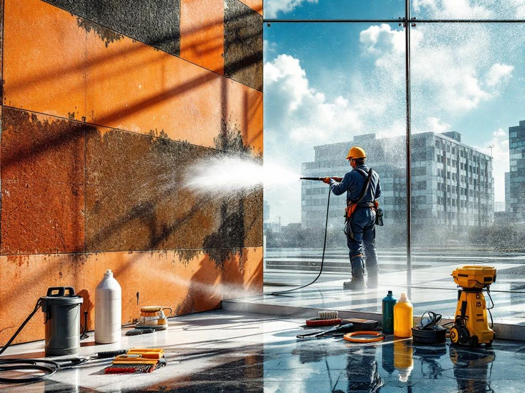 Professionele hogedrukreiniger reinigt moderne gevelwand, toont contrast tussen vuile en schone oppervlakken