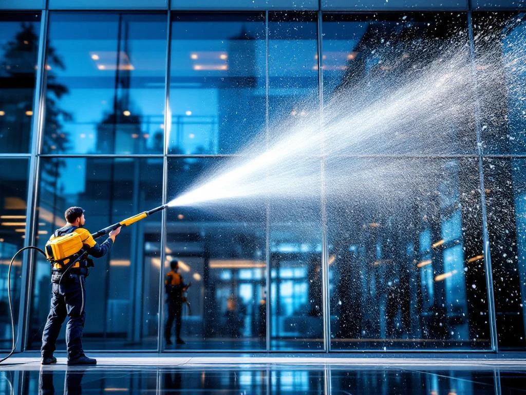 Professionele gevelreiniging van glazen kantoorgebouw met hogedrukspuit toont voor-en-na effect van vuil naar schoon
