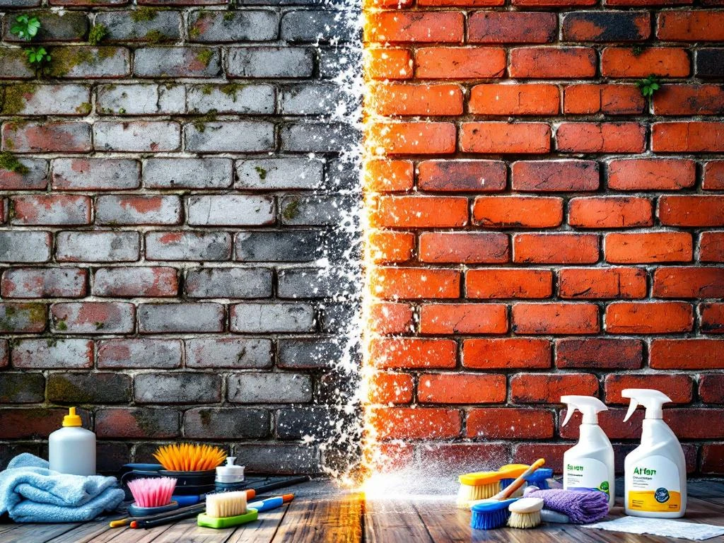 Bakstenen gevel reiniging voor en na: vuile stenen links, schone rode bakstenen rechts met professionele schoonmaakapparatuur