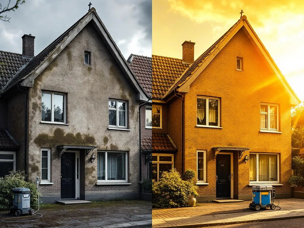 Voor en na vergelijking van Nederlandse woning: vuile gevel met mos links, schone gevel na reiniging rechts