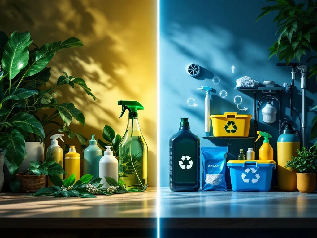 Vergelijking van groene schoonmaakmiddelen met plantbladeren links en duurzame recyclebare containers rechts