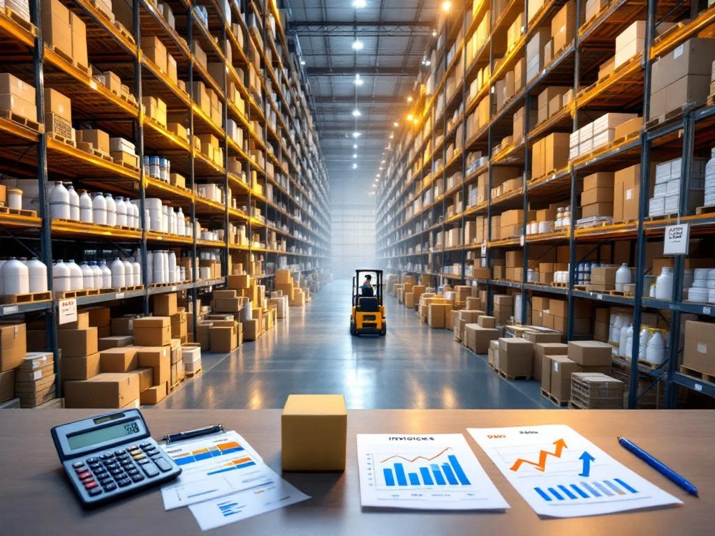 Magazijn met industriële schoonmaakproducten, rekken vol dozen, heftruck en calculator met kostengrafieken die besparingen tonen