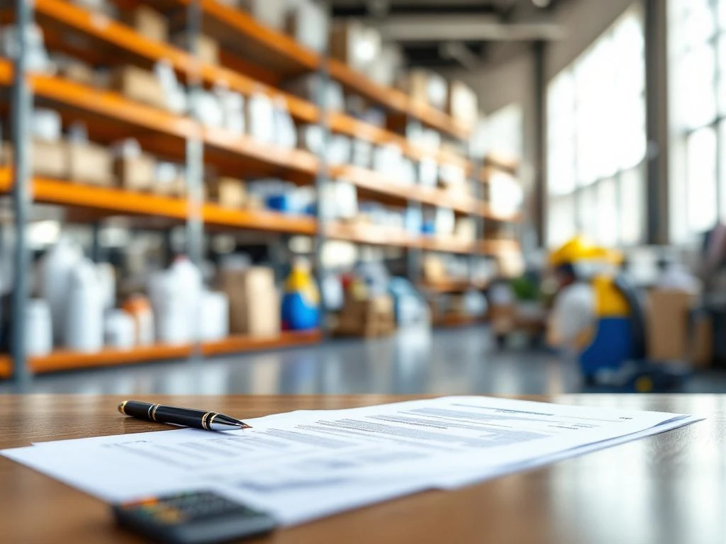 groothandel-schoonmaakmiddelen-betalingsvoorwaarden-kantoor.jpg Moderne magazijnbureau met contractdocumenten op houten bureau, schoonmaakproducten op achtergrond, professionele sfeer