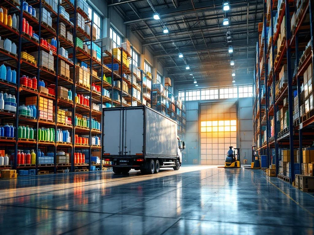 groothandel-schoonmaakmiddelen-magazijn-distributie.jpg Professioneel magazijn met hoge stellingen vol schoonmaakmiddelen, vrachtwagen met open deuren en vorkheftrucks
