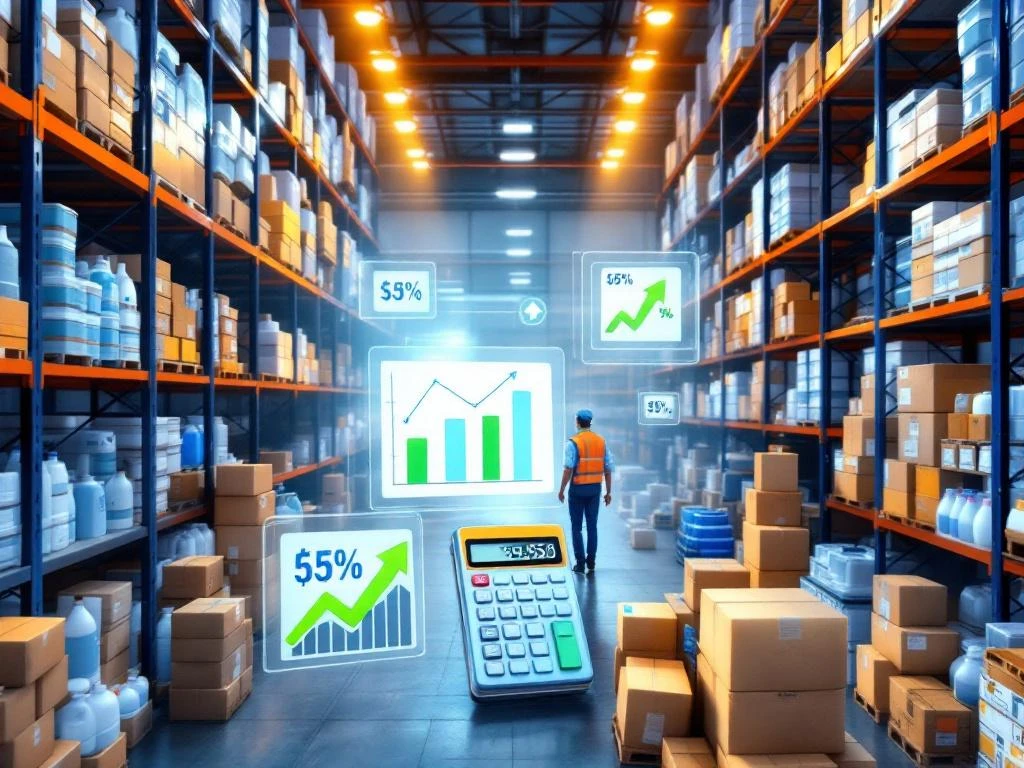 Magazijn met bulkschoonmaakmiddelen, calculator en kostenbesparingsgrafieken met groene pijlen omhoog