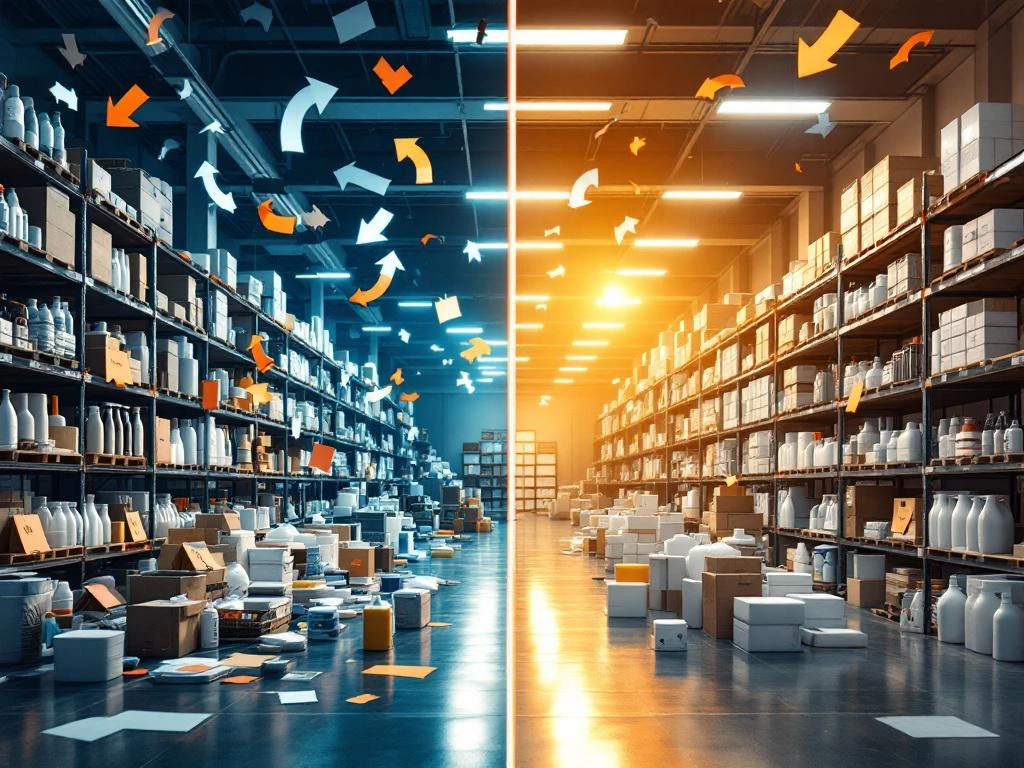 Gesplitst beeld van rommelig magazijn versus georganiseerd schoonmaakproducten magazijn met moderne inventaris