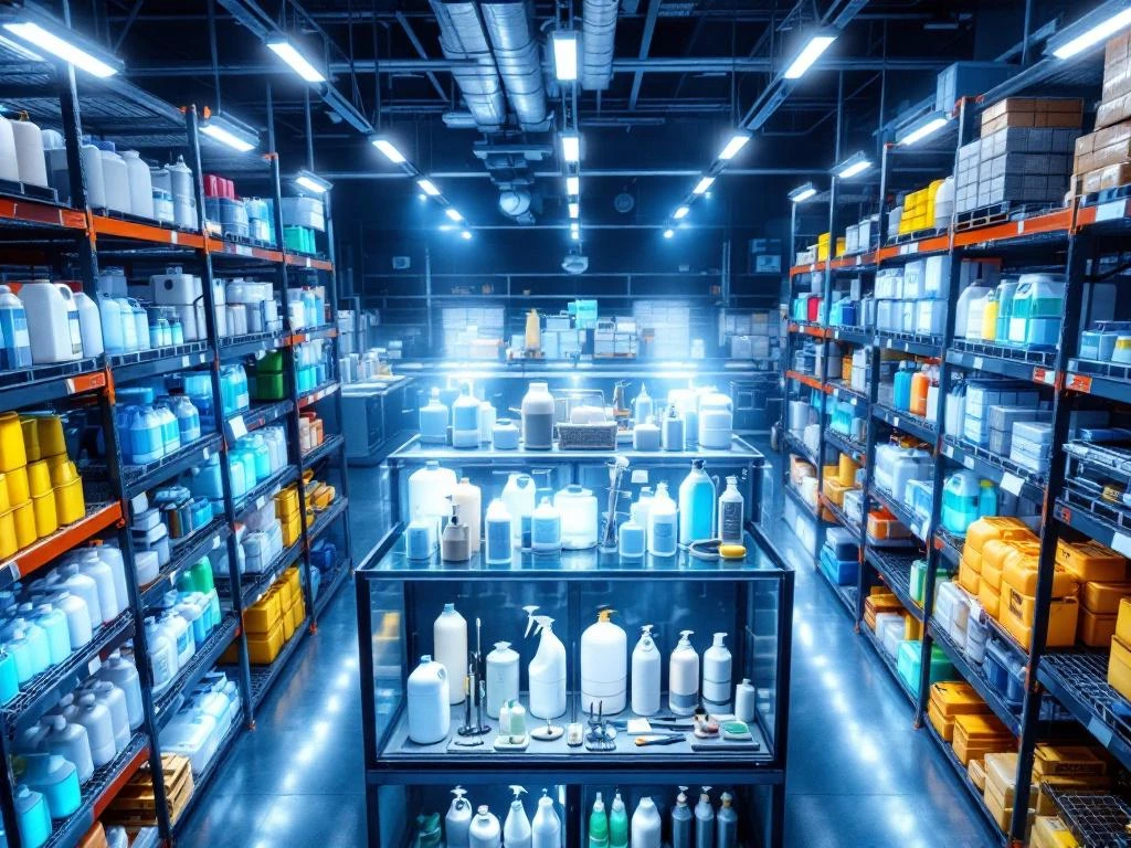 Magazijn met georganiseerde rijen professionele schoonmaakproducten, industriële dispensers en gespecialiseerde apparatuur