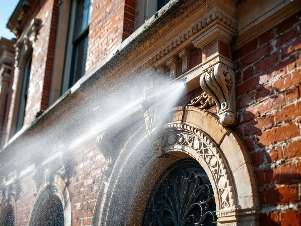 Professionele gevelreiniging van historisch bakstenen gebouw met gespecialiseerde lagedruk sproeitechniek