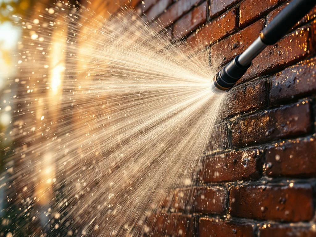 Professionele hogedrukspuit reinigt vuile bakstenen gevel, waterstraal spoelt vuil weg in gouden zonlicht