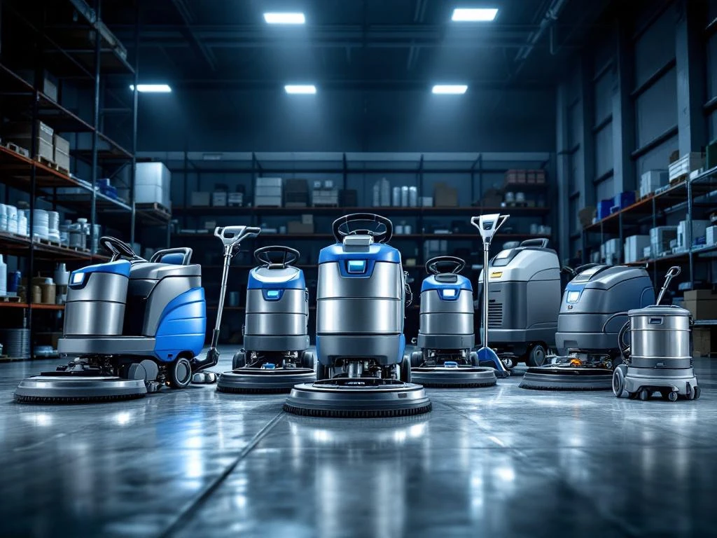 Professionele industriële schoonmaakmachines in moderne magazijnruimte met vloerschrobbers en hogedrukreinigers