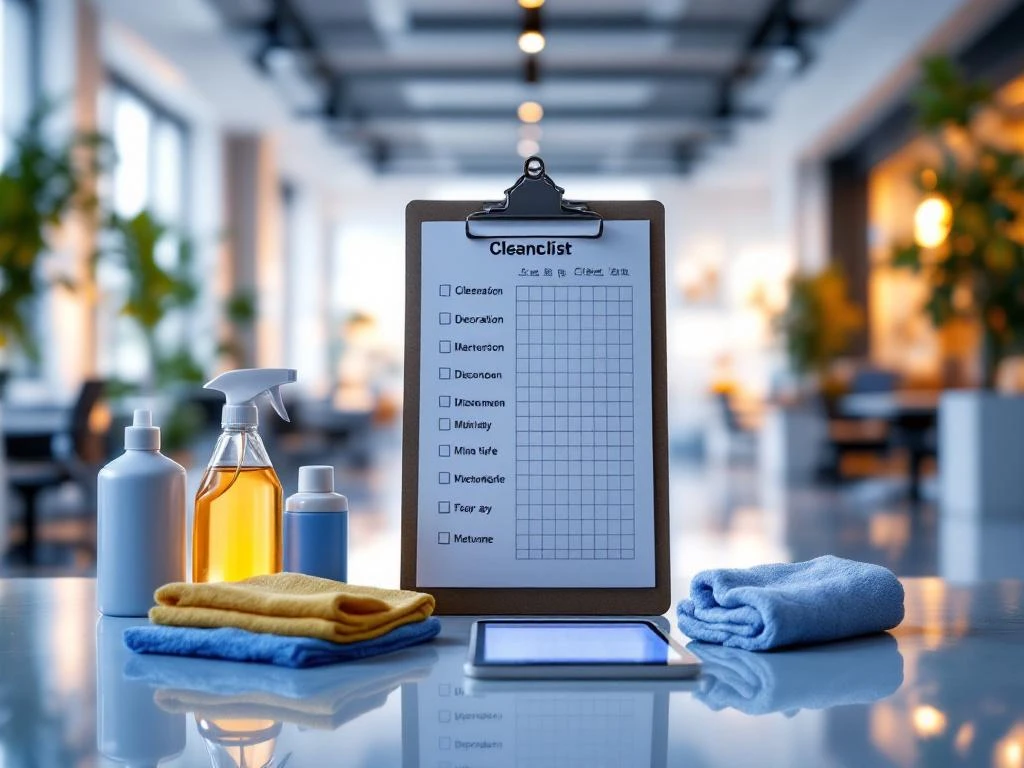Schoonmaakchecklist klembord met professionele schoonmaakmiddelen in modern kantoor met glanzende vloeren