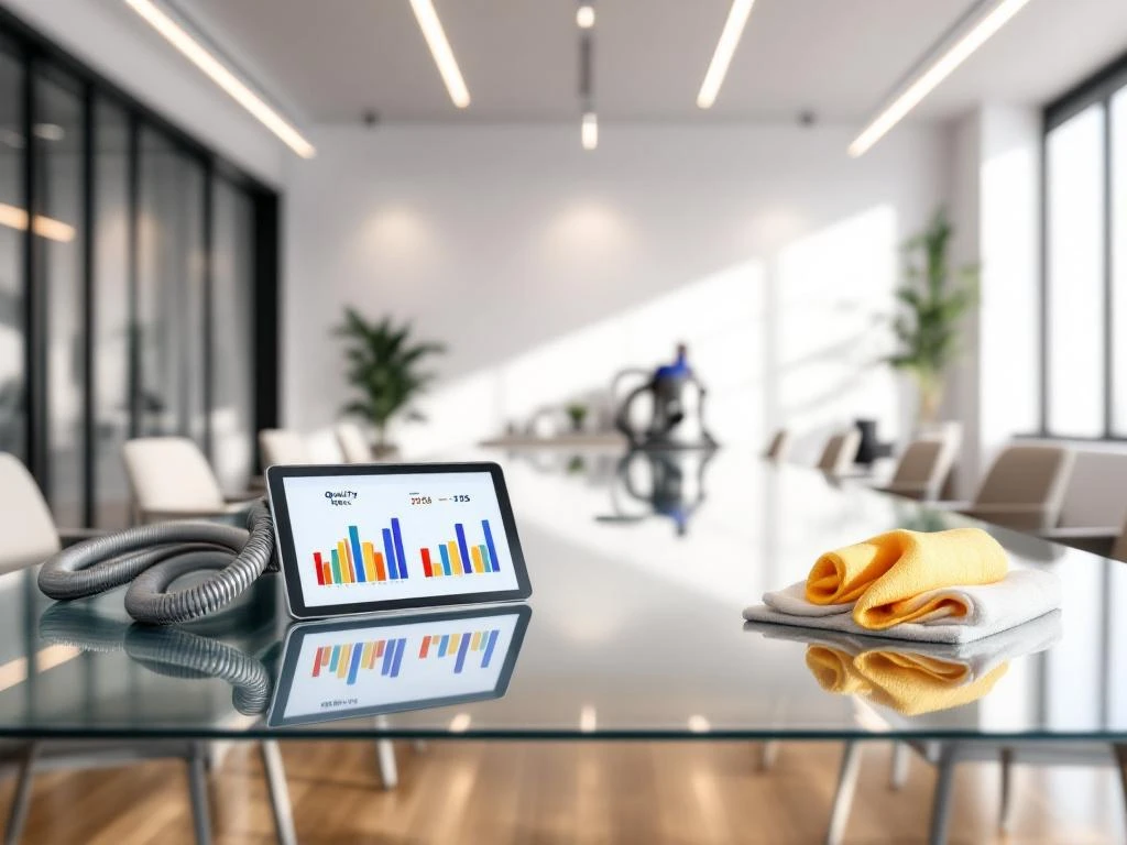 kantoor-schoonmaak-kwaliteit-professioneel.jpg Moderne kantoorruimte met professionele schoonmaakapparatuur en tablet met kwaliteitsmetingen op glazen vergadertafel