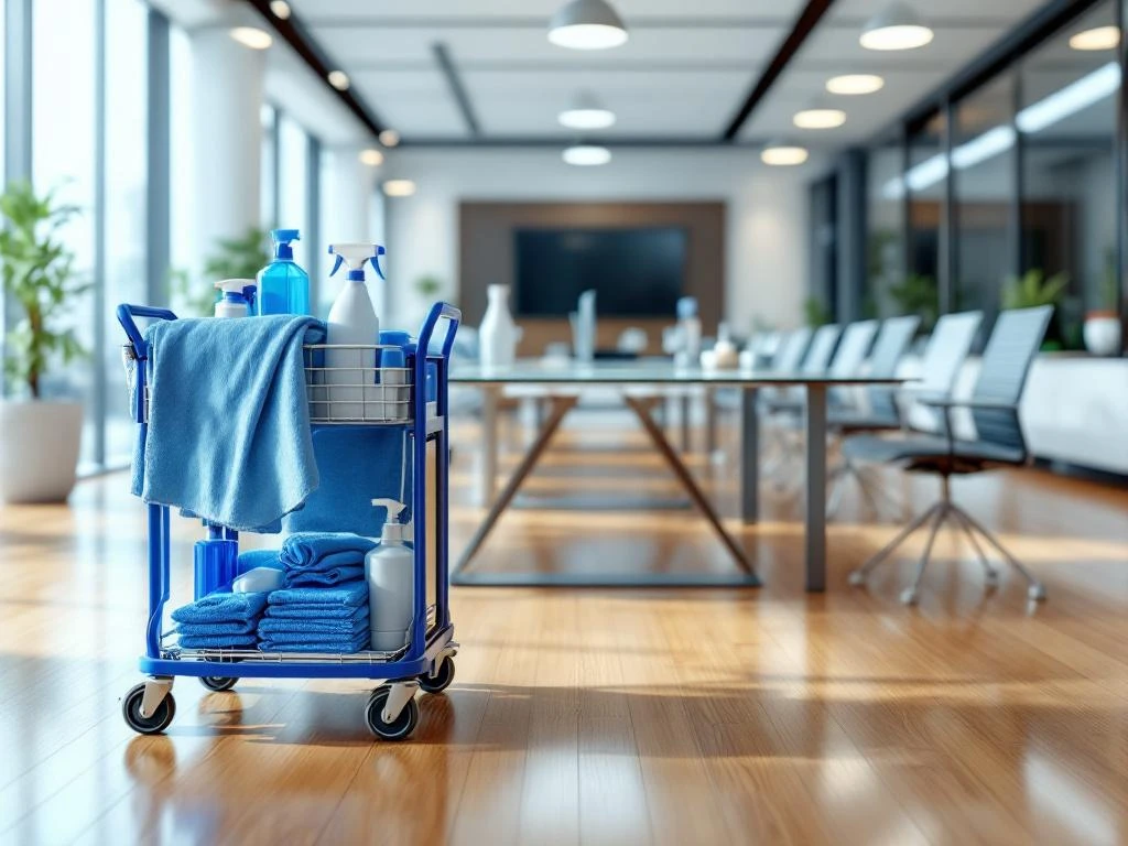 Professionele schoonmaakkar met blauwe doeken en sprays in modern kantoor met glazen vergadertafel en LED-verlichting