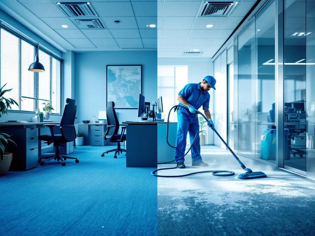 Kantooromgeving split-screen: standaard schoonmaak links versus professionele dieptereiniging rechts met stoomapparatuur