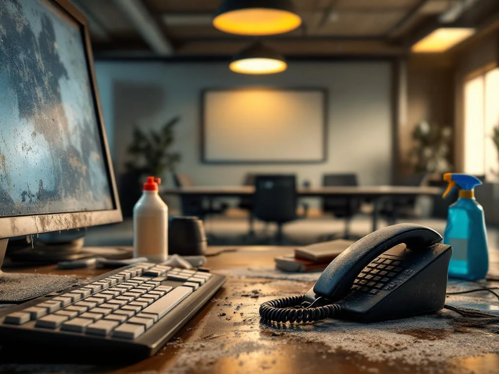 Vuile kantoorruimte met stoffig toetsenbord, telefoon en ventilatieroosters die schoonmaak nodig hebben
