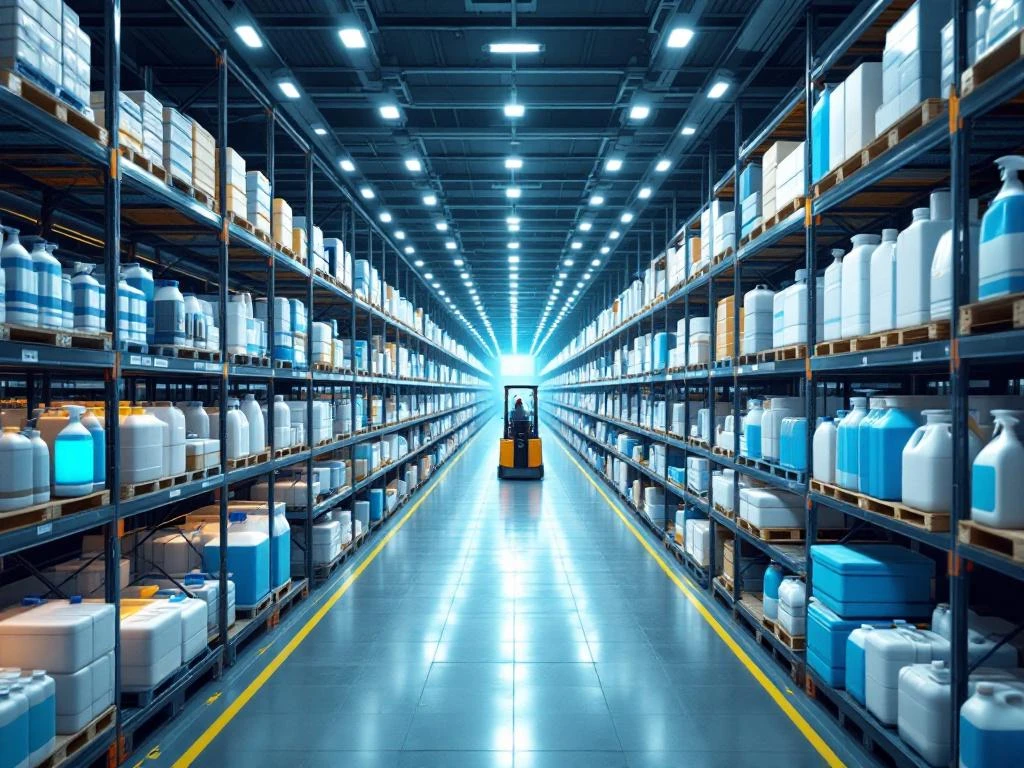 Moderne magazijn met georganiseerde schappen vol industriële schoonmaakproducten, heftruck tussen gangpaden