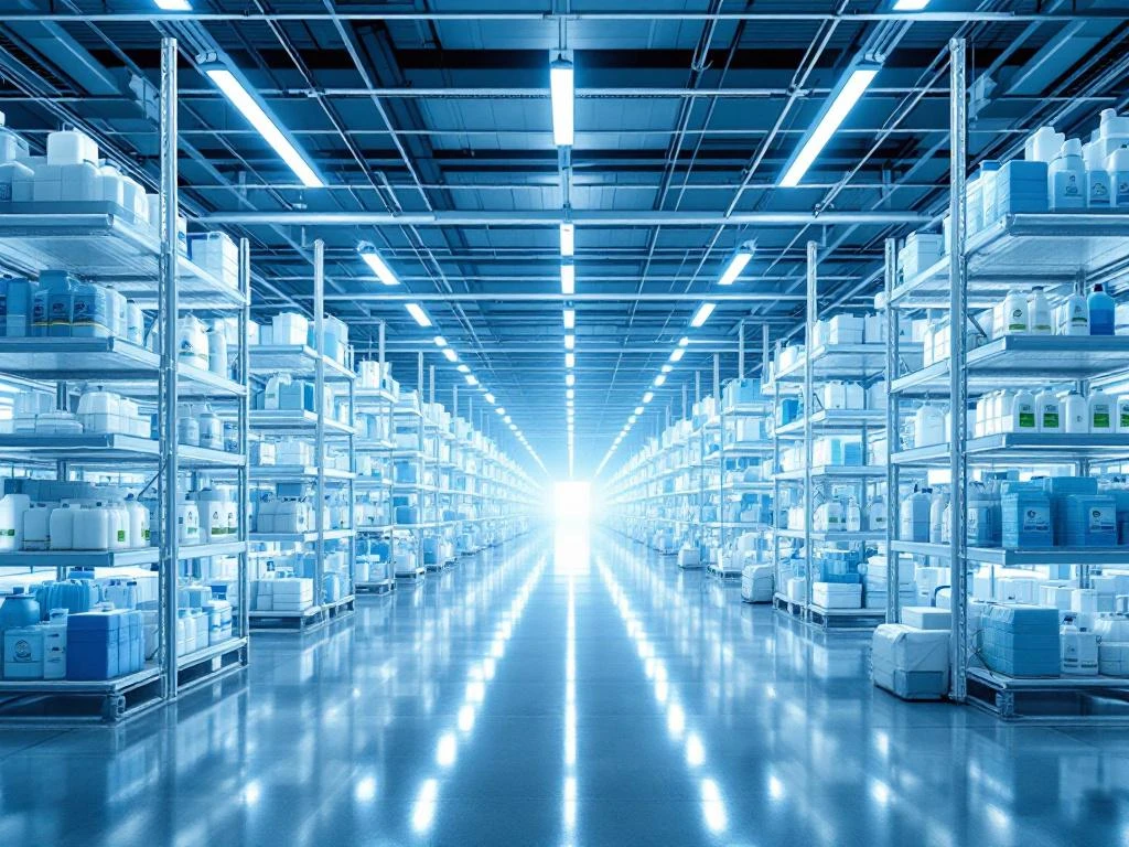 Georganiseerd magazijn met industriële schoonmaakmiddelen op witte schappen onder LED-verlichting