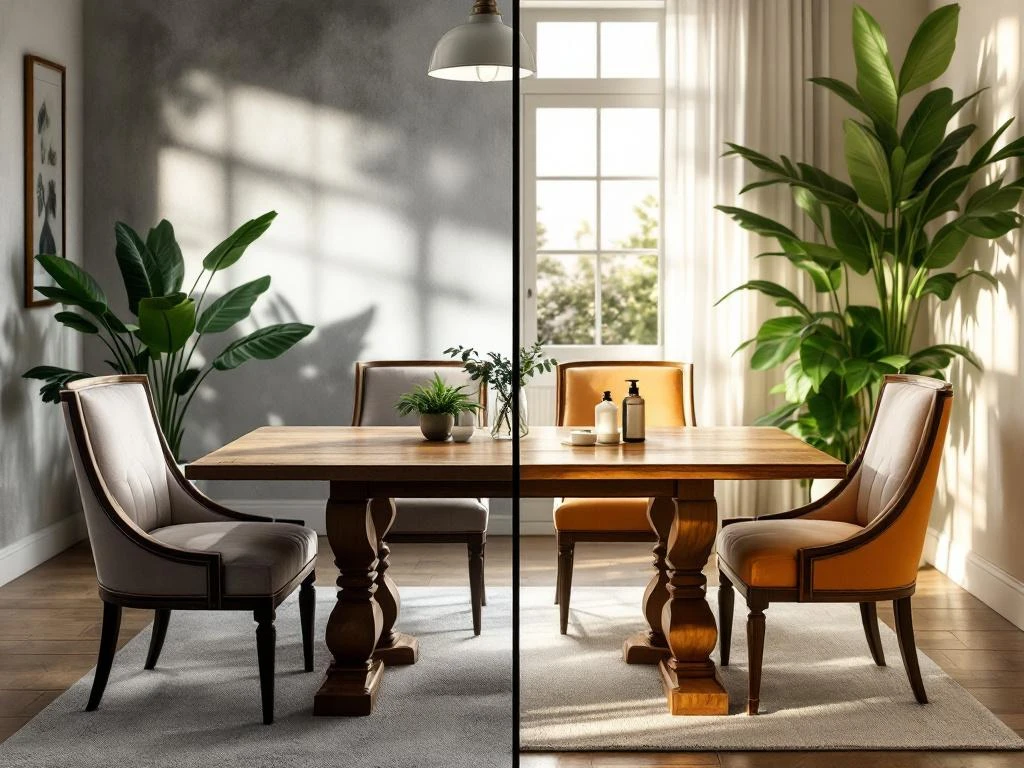 Houten eettafel voor en na: links beschadigd door chemicaliën, rechts beschermd met milieuvriendelijke reiniging