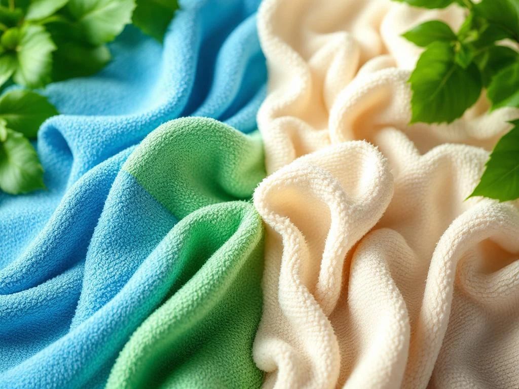 Microfiber schoonmaakdoeken in blauw en groen tegenover traditionele katoenen poetslappen in beige en wit