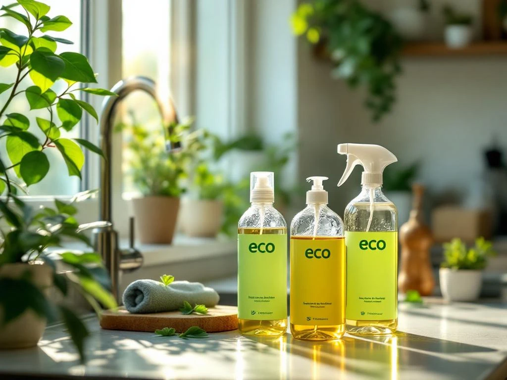 Milieuvriendelijke schoonmaakmiddelen in groene verpakking op moderne keukentafel met planten en natuurlijk licht